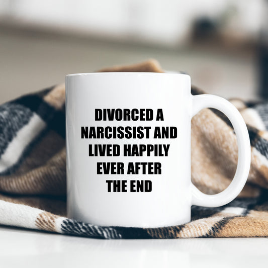 Divorced a Narcissist Lived Happily Ever After Mug, Funny Break Up Joke, Personalised Gift Cup for Friend